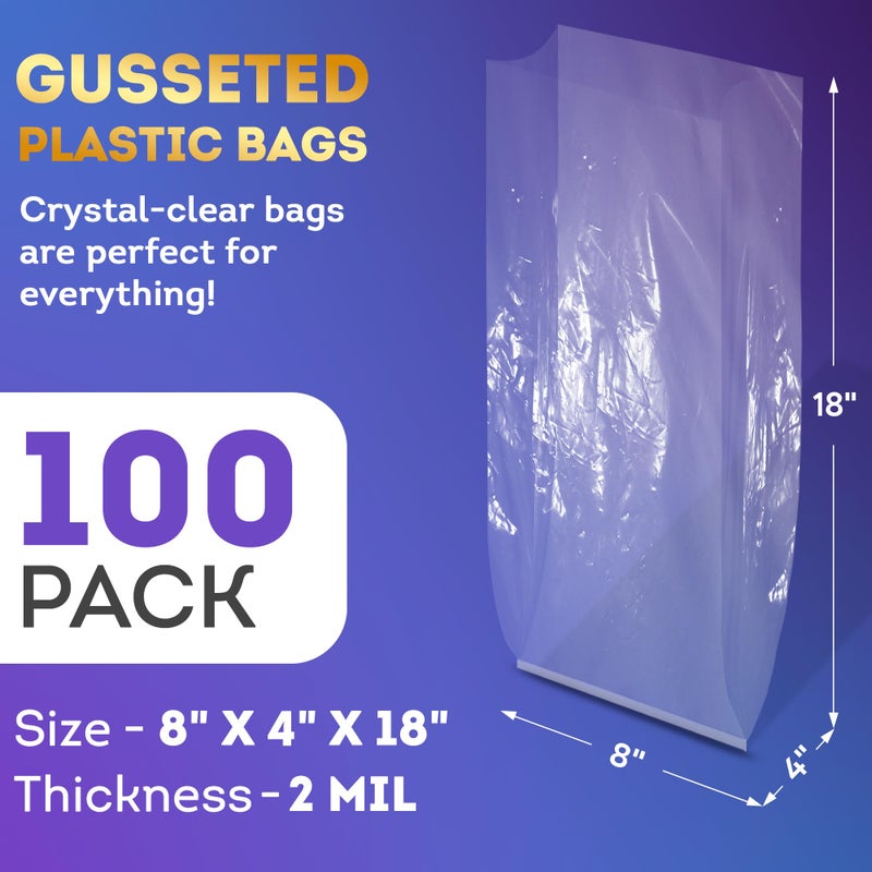 APQ Supply APQ Clear Gusseted Poly Bags, 8 x 4 x 18 Inches. Pack of 100 Waterproof Side Gusseted Plastic Bags with Open Top. 2 Mil Thick Flat Bottom Clear Bag for Packaging Popcorn, Cookies, Bread - Image 2